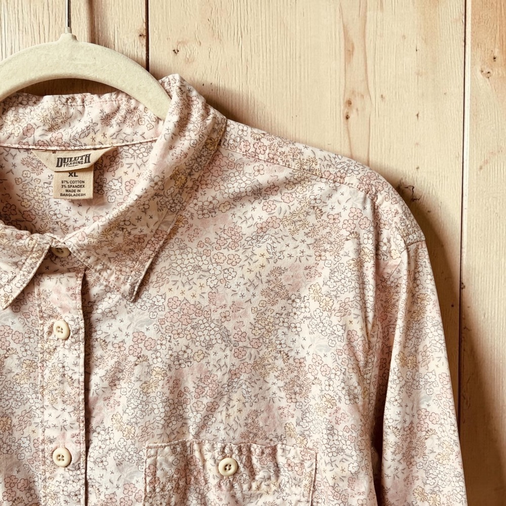 Duluth Trading Co Button Up Shirt Women's XL Dainty Floral Cream Pink Cottage - Picture 10 of 12
